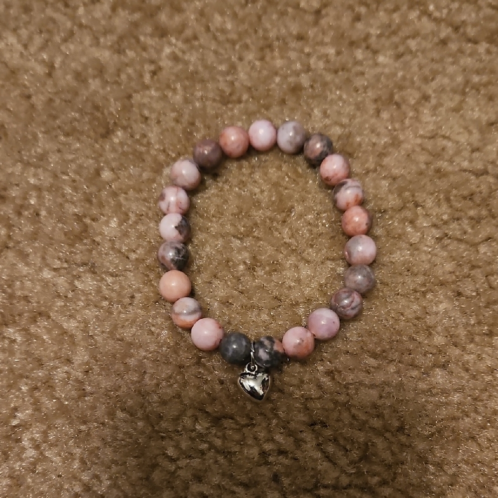 Rose Quartz Pink and Gray Beaded Bracelet with Heart Charm